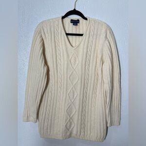 Charter Club Lambs Wool Angora Cable Knit Soft Sweater V-Neck Womens Sz L Cream